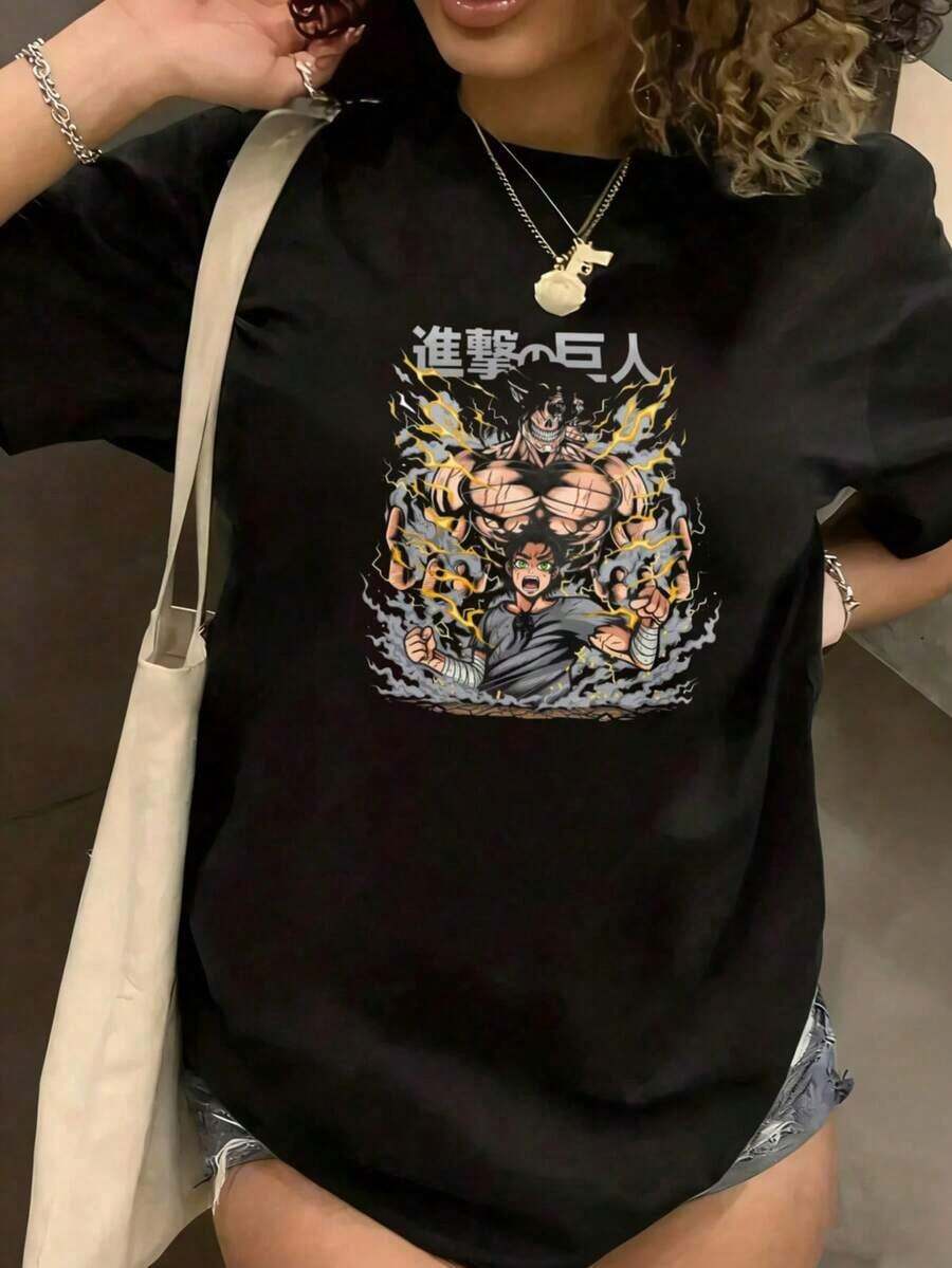Cuello Redondo con Estampado Divertido Camiseta de anime con diseño de titanes y guerreros para fans de la serie, unisex, adecuada como regalo para las fiestas. playera de mujer. blusas>elegantes. boho chic,Top de mujer suave, transpirable y cómodo, ideal para primavera, verano y otoño, perfecto para vacaciones, viajes y uso diario. - Negro - Ver 1