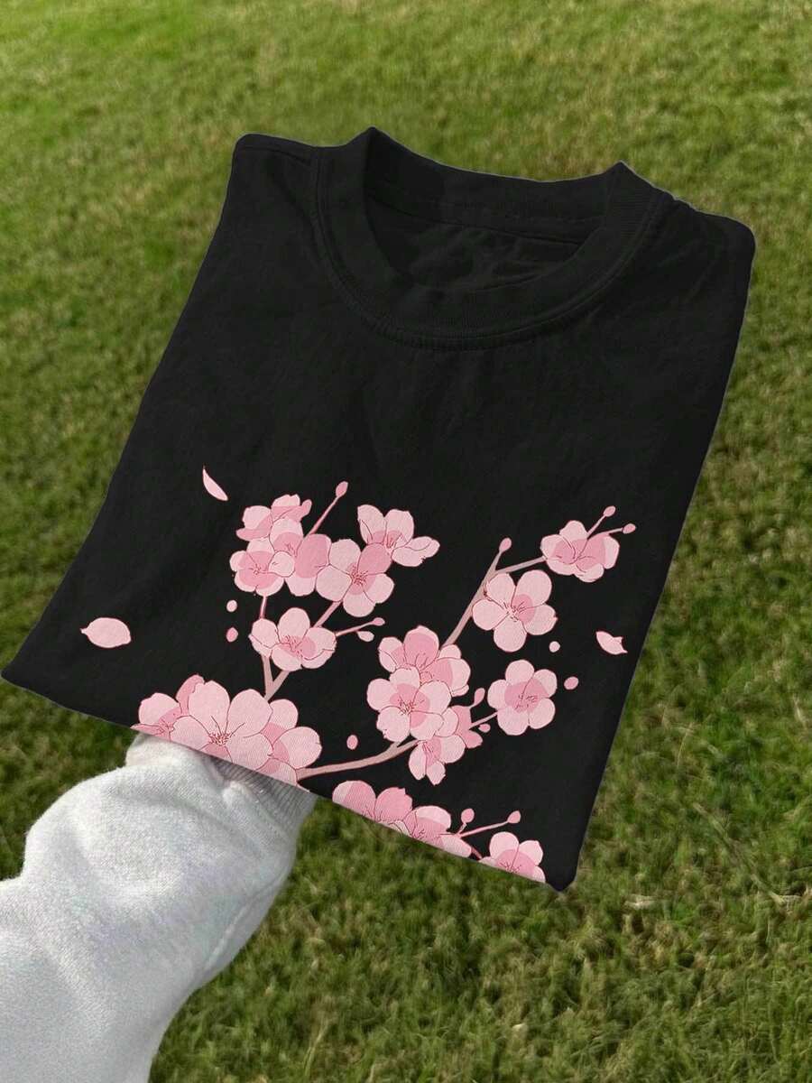 Spring And Summer Tops For Women In Japanese Style, With Cherry Blossom And Petal Design, Made Of Pure Fabric, Loose Fit, Round Neck, Short Sleeve T-Shirt, Winter Clothing For Women. - Black - View 1