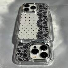 1pc Metal Button Transparent Case, Minimalist Lens Protection Sexy Lace Polka Dot Pattern Phone Case, Personalized For IPhone 16 Pro Max, 17/16/15/14 Plus, 13/12/11, Air - Multicolor - View 5
