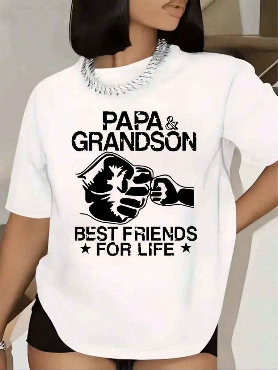 Camiseta de Mujer con Estampado Gráfico 'Papá y Nieto Mejores Amigos de por Vida', Manga Corta, Cuello Redondo, Regalo para el Día del Padre o Cumpleaños, Ropa Casual, Blusa Básica para Mujer, Blusa de Mujer, Camiseta Estilo Urbano, Camiseta Casual para Festivales y Uso Diario. - Blanco - Ver 1