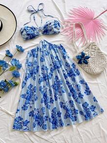 Vestido de verano informal de unicolor con cuello de halter y espalda descubierta - Negro - Ver 8