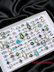 15pcs Geometric Shaped Ring Set, Vintage Bohemian Mixed Style Couple Rings For Party & Daily Wear, Fashion Jewelry Gift, Random Assortment - 15 Random Rings - View 9