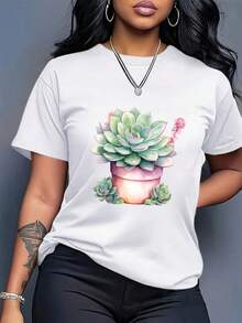 LigeroPlus Size - Camiseta retro holgada para mujer con estampados de plantas suculentas - 200 g/m² de peso pesado, 100% algodón, mangas cortas cómodas, cuello redondo, top casual con suaves patrones botánicos en rosa y verde, perfecta para ropa casual de primavera y verano, esencial para el guardarropa de temporada.Verano - Blanco - Ver 1