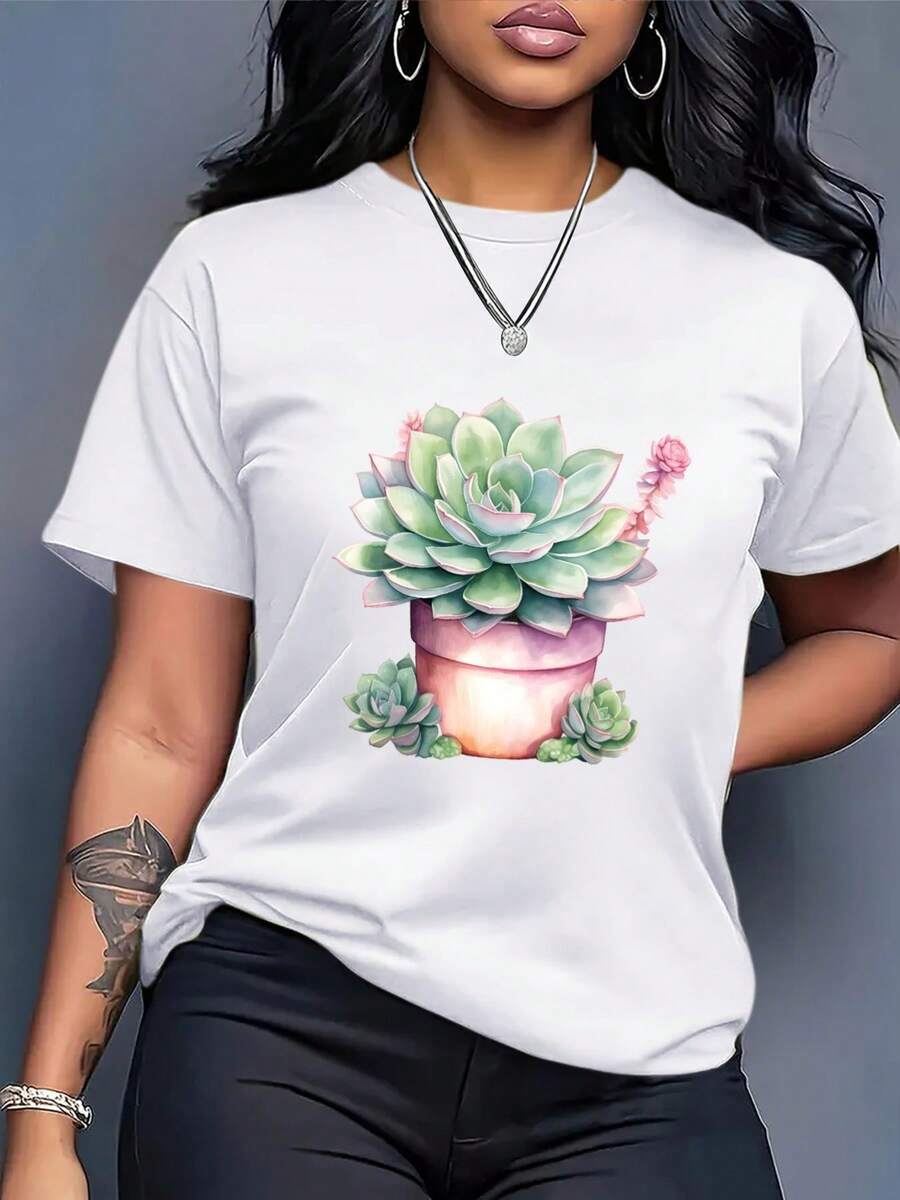 LigeroPlus Size - Camiseta retro holgada para mujer con estampados de plantas suculentas - 200 g/m² de peso pesado, 100% algodón, mangas cortas cómodas, cuello redondo, top casual con suaves patrones botánicos en rosa y verde, perfecta para ropa casual de primavera y verano, esencial para el guardarropa de temporada.Verano - Blanco - Ver 1