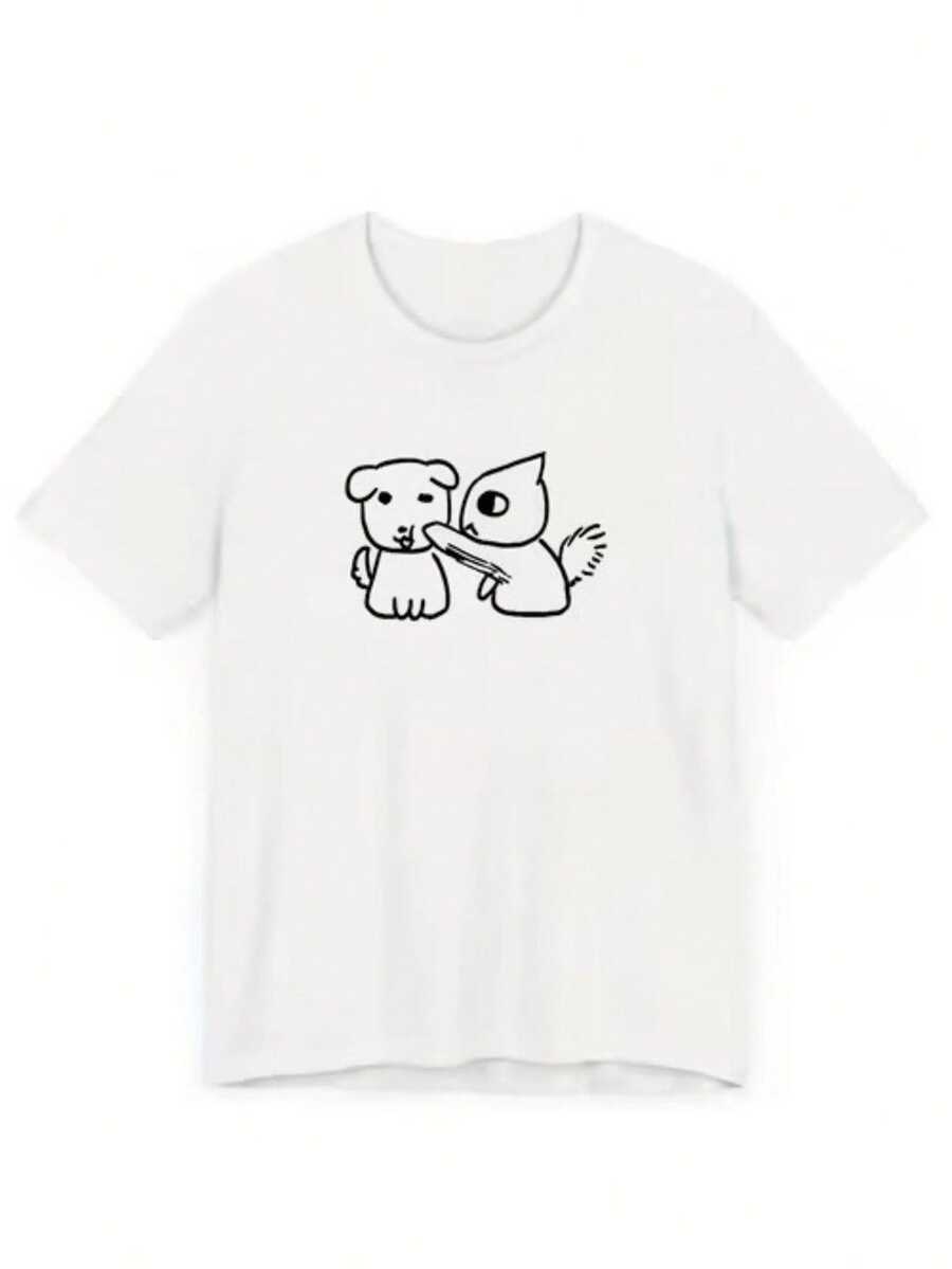 Casual Crew Neck T-Shirt, Plus Size T-Shirt For Women, Printed T-Shirt For Women, Printed With A Cartoon Cat Touching A Dog Design - Fun Print, Machine Washable, Casual And Versatile, Loose And Comfortable, A Perfect Gift For A Good Friend. - 白色 - 查看 1