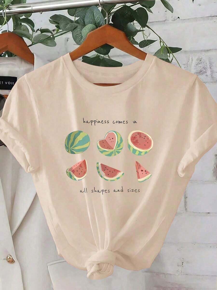 Tallas grandes, manga corta, conjuntos de verano para mujer. Camiseta de manga corta de corte regular para mujer - Patrón geométrico 2D de sandía, divertida y llena de energía veraniega, estilo urbano. | Perfecto para el ocio en vacaciones | Adecuado para ocasiones festivas, conjuntos de verano para mujer, tops de verano, 100% algodón. - Albaricoque - Ver 1