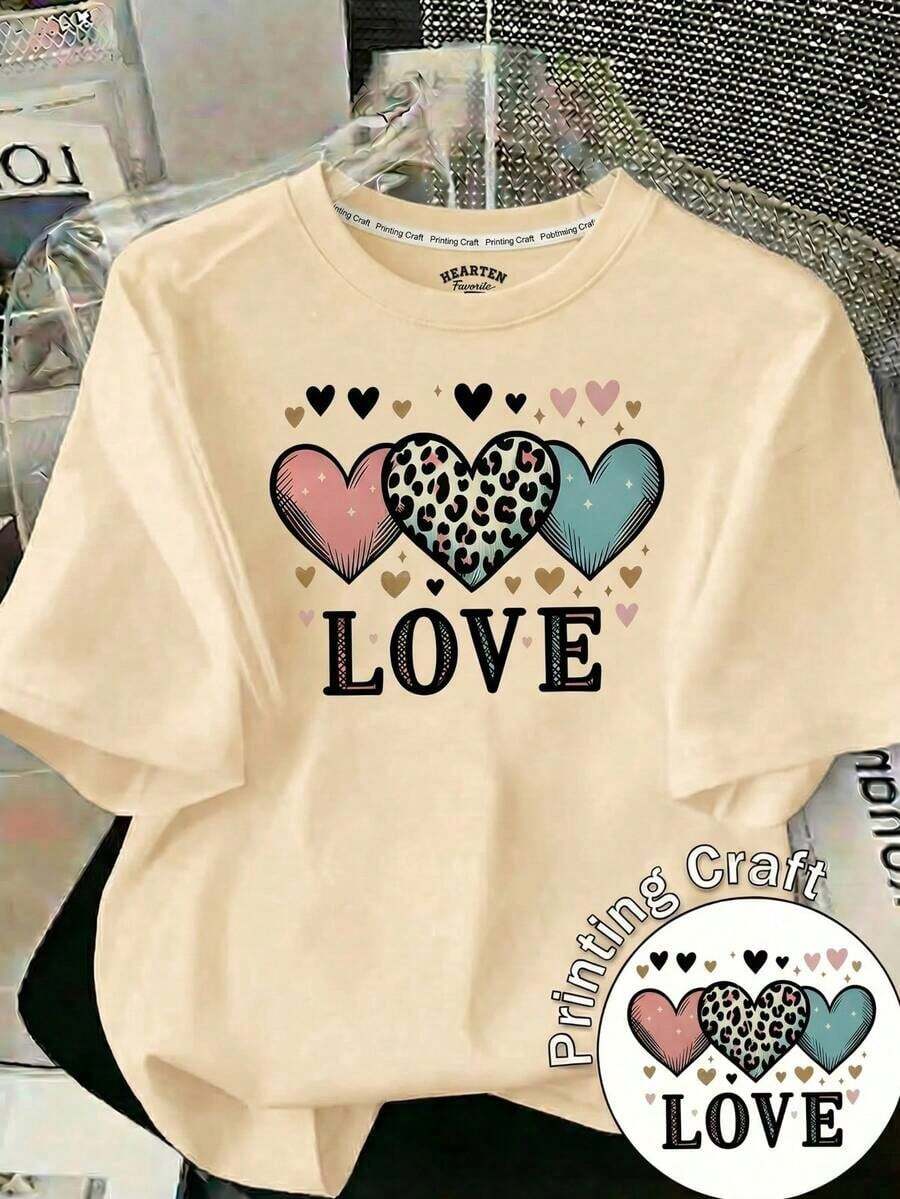 Camiseta casual de manga corta para mujer con cuello redondo, estampado de corazón y leopardo, bajo regular, de tela de poliéster--Camiseta de algodón suave, cómoda y holgada para uso casual.