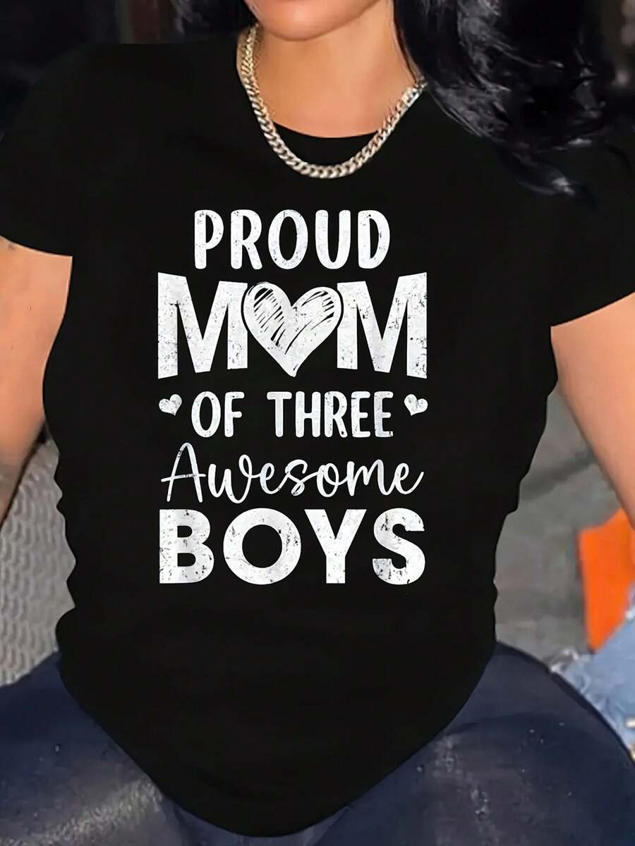 Camiseta Negra "Orgullosa Madre de Tres Hijas" - Tela suave y elástica, letras llamativas y diseño de corazón, top casual de manga corta con cuello redondo, regalo perfecto para el Día de la Madre, cómoda para uso diario. |   Top estampado duradero, regalo para el Día de la Madre - Negro - Ver 1