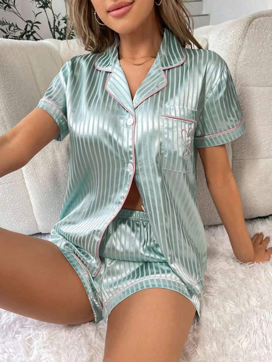 Conjunto de pijama de satén con ribete de contraste en jacquard a rayas - verde menta - Ver 1