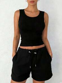 Tops de mujer de cuello alto, ajustados, sin mangas y con envolvente - Negro - Ver 3