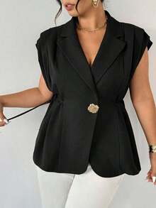 de traje delgada de botón de metal casual y elegante a juego para mujer talla grande, de lino marrón/Chaqueta de traje de imitación de lino/Blusa con lazo plisado/Ropa casual de negocios para mujer/Ropa de maestra/Ropa retro para mujer/Co - Negro - Ver 3