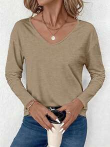 Camiseta de manga larga con cuello en V regular y estilo minimalista casual, adecuada para otoño/invierno - Caqui - Ver 4