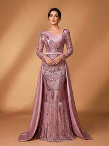 Elegante y lujoso vestido de satén con mangas y bajo de cola de sirena, con tela bordada con lentejuelas, versátil y de alta gama, adecuado para bodas, eventos, fiestas, vacaciones, bailes, vestidos de gala para la madre de la novia - Rosa vieja - Ver 5
