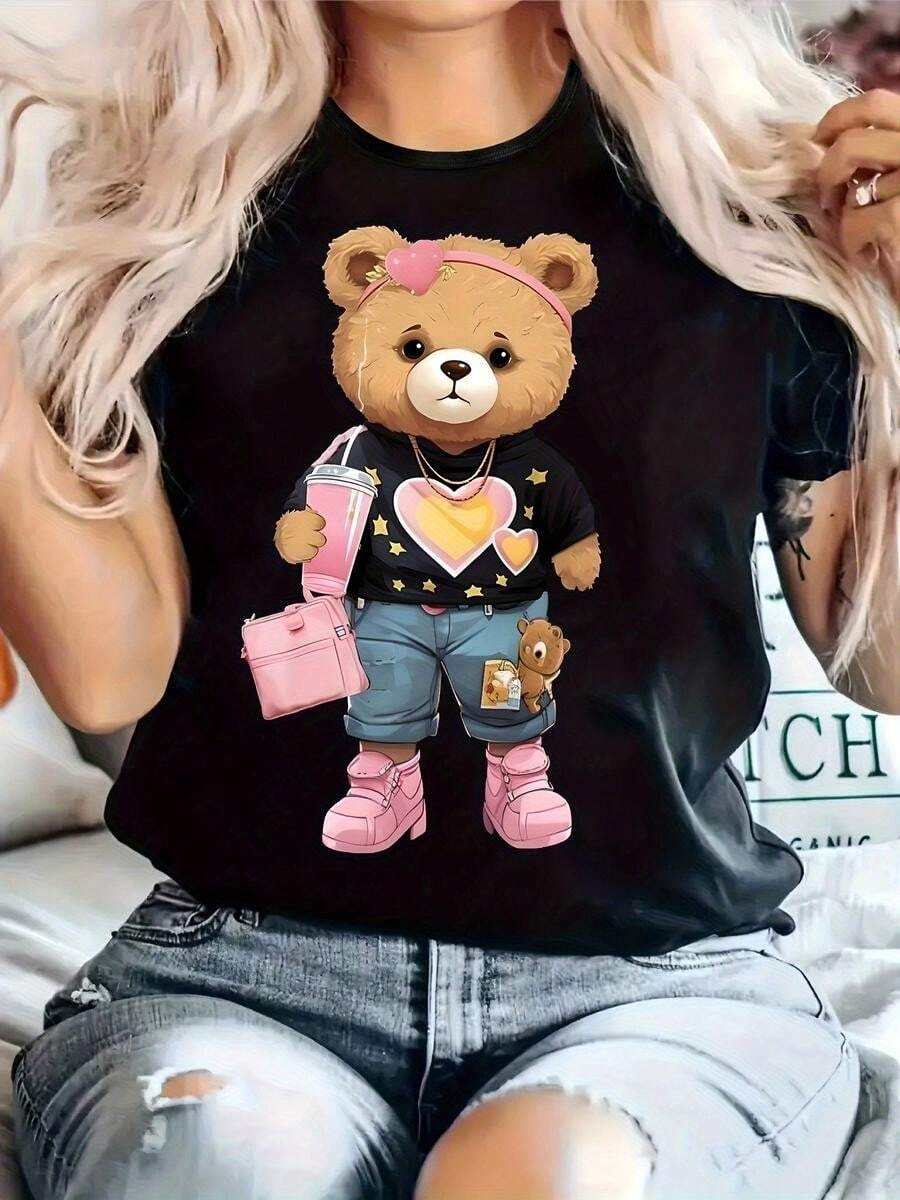 1 Piece Of 100% Cotton Cropped T-Shirt, Casual Round Neck With Print, Adorable Teddy Bears And Short Sleeves In Light Pink, Breathable Short Sleeves For Everyday Wear - 黑色 - 查看 1