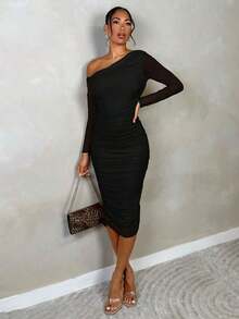 2026 Women Elegant Ruched Mesh Party Evening Midi Dress With Long Sleeves, Slim Fit, For Autumn - verde menta - Ver 8