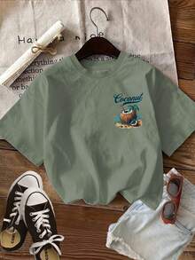 Camiseta con estampado gráfico, manga corta y cuello redondo, top casual para verano y primavera, ropa de mujer - ejercito verde - Ver 3