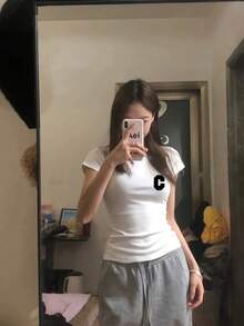 Short-Sleeved T-Shirt, Short-Sleeved T-Shirt, Women's Cartoon Print Crop Top, Women's Short-Sleeved T-Shirt, High-Elasticity Top #T274 - 白色的 - 查看 1