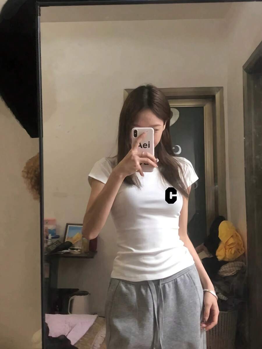 Short-Sleeved T-Shirt, Short-Sleeved T-Shirt, Women's Cartoon Print Crop Top, Women's Short-Sleeved T-Shirt, High-Elasticity Top #T274 - 白色的 - 查看 1