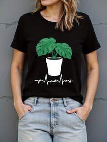 Camiseta negra premium, estampada con hojas de palma verdes y líneas de latidos del corazón, de manga corta y cuello redondo, diseño de hojas de palma, adecuada para primavera, verano y otoño, regalo para amantes de las plantas, corte unisex (no elástica), ecológica. - Negro - Ver 6