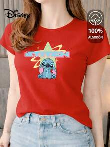 Women's T-Shirt Made Of 100% High-Quality Cotton, This T-Shirt Guarantees Exceptional Softness To The Touch, Round Neck With "Disney Stitch Star Retro" Print And Short Sleeves - 紅色 - 查看 1