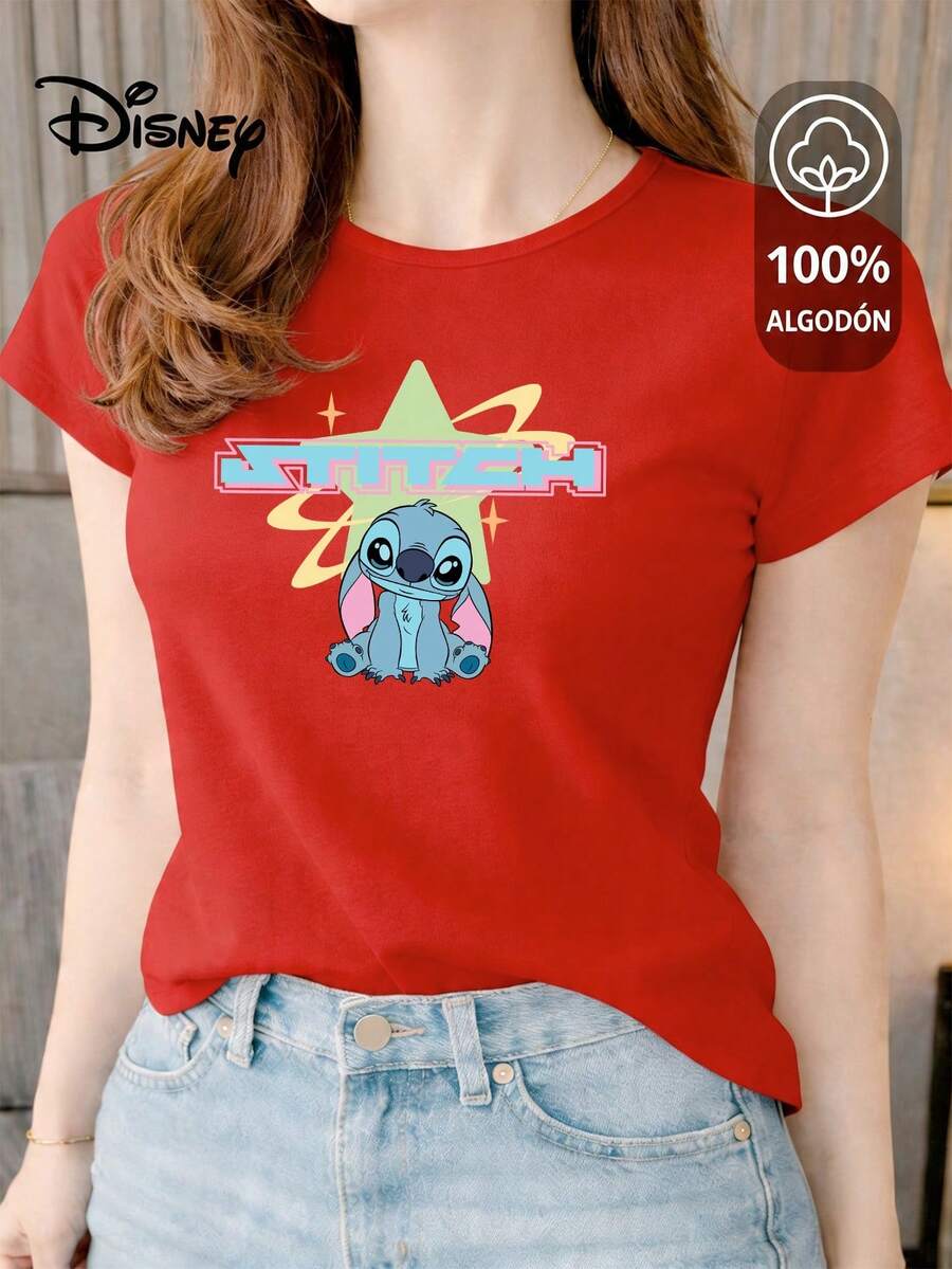 Women's T-Shirt Made Of 100% High-Quality Cotton, This T-Shirt Guarantees Exceptional Softness To The Touch, Round Neck With "Disney Stitch Star Retro" Print And Short Sleeves - 紅色 - 查看 1