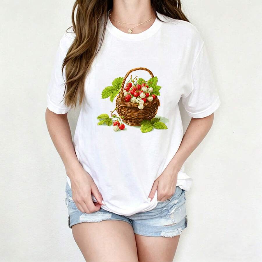Heat Transfer Stickers, Iron-On Appliques - Strawberry And Raspberry Fruit Pattern - Suitable For T-Shirt Making, Decorating Pillows, Backpacks, Cushions, Pants, Sofa Covers, T-Shirt Printing Patches (Image Only) Suitable For Spring, Summer And Autumn - 白色 - 查看 1