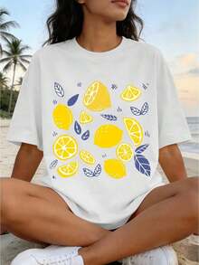 Women's T-Shirt, 100% Cotton, Casual Loose Fit T-Shirt For Women, Lemon Fruit And Letter Print, Drop Shoulders, Short Sleeves, Round Neck, Summer T-Shirt, Fashion - 白色 - 查看 5