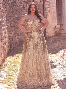Plus Size Elegant Off-Shoulder Sequin Mesh Prom Dress - Champagne - View 1