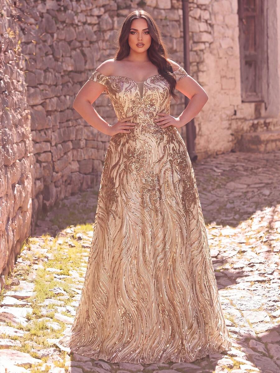 Plus Size Elegant Off-Shoulder Sequin Mesh Prom Dress - Champagne - View 1