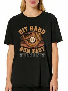 Women's Casual T-Shirt, Baseball Graphic Design "Hit Hard Run Fast Turn Left", Short Sleeve, Comfortable For Casual And Elegant Outfits, Lightweight And Breathable, Machine Washable, Regular Fit, Crew Neck, 100% Cotton, Durable - 黑色 - 查看 2