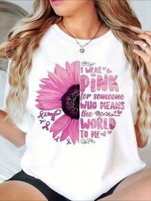 I Wear Pink For Someone Who Means A Lot To Me - Sunflower Design Breast Cancer Awareness T-Shirt - Urban Vintage Style, Unisex, Cotton, Short Sleeve, Crew Neck, 100% Cotton. - 白色 - 查看 7