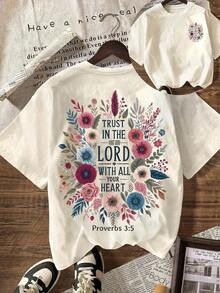 Women's T-Shirt 100% Cotton - Casual T-Shirt With Floral Print And Slogans - Short Sleeve, Round Neck, Lightweight And Breathable, Suitable For Spring And Summer, Machine Washable, Short Sleeve T-Shirt With Vibrant Color Print. | Everyday Wear For Spring - 杏色 - 查看 8
