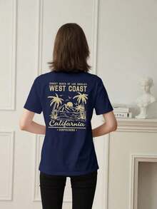 Women's Short-Sleeved T-Shirt With A Round Neck, Casual, Minimalist, And Versatile Style, Featuring A Palm Tree Print And Slogan, Suitable For Everyday Wear. Printed T-Shirt, Vacation. Summer - 海軍 - 查看 9