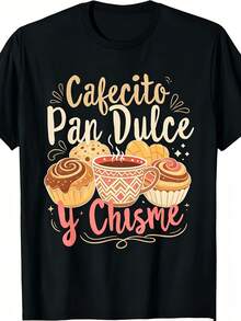 Camiseta Cultural Mexicana - Cuello Redondo con Diseño de Concha, Café y Pan Dulce - Ropa Casual Adecuada para Uso Diario, Lavable a Máquina, Ropa Mexicana - Camiseta de Algodón para Familia Coordinada - Negro 2 - Ver 1