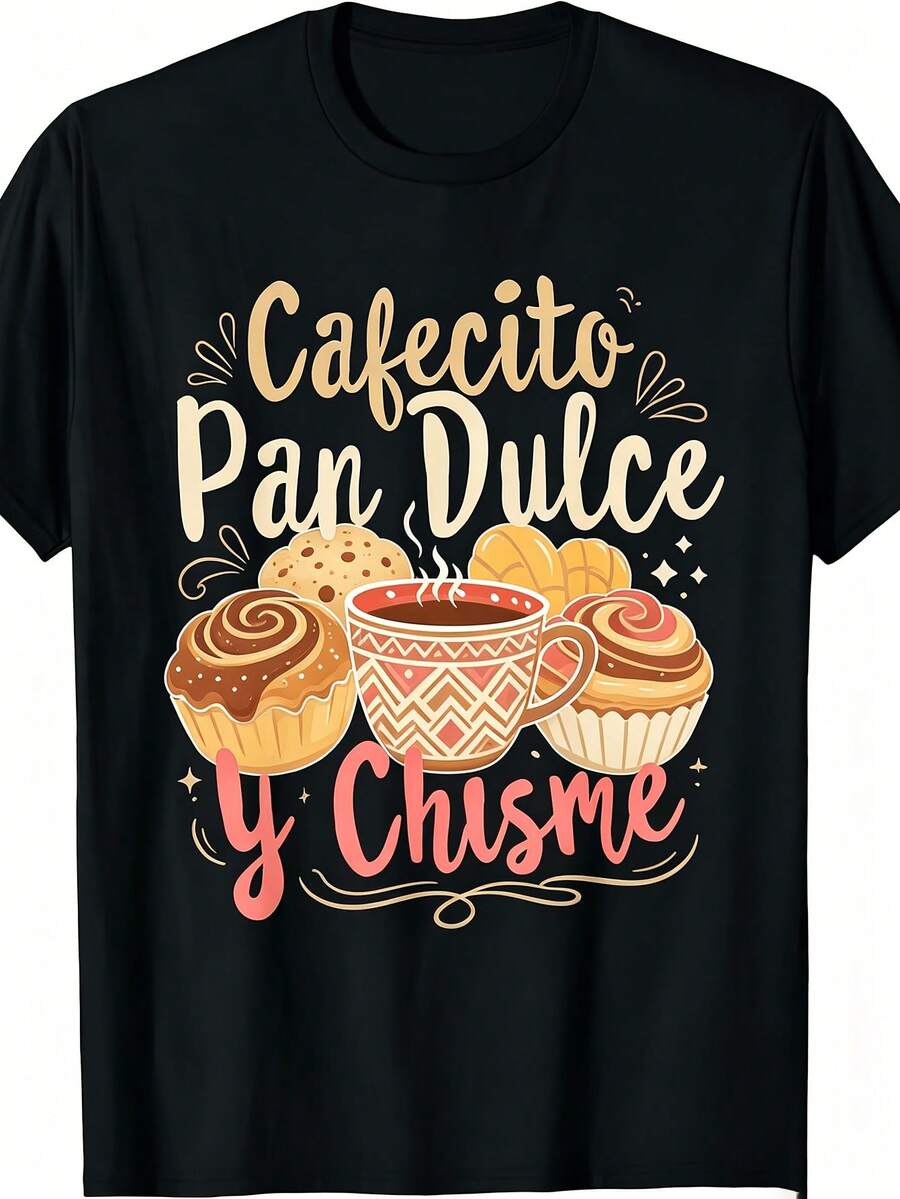 Camiseta Cultural Mexicana - Cuello Redondo con Diseño de Concha, Café y Pan Dulce - Ropa Casual Adecuada para Uso Diario, Lavable a Máquina, Ropa Mexicana - Camiseta de Algodón para Familia Coordinada - Negro 2 - Ver 1