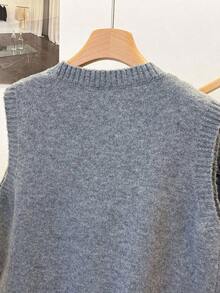 1 pieza Chaleco sin mangas de punto de unicolor con cuello redondo corto, diseño asimétrico con botones, accesorio de moda, chaleco versátil de punto para el verano - Gris - Ver 5