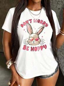 Camiseta PremiumEaster para Mujer, Tallas Grandes, con Estampado de Conejito Lindo con Corazón y Símbolos de Paz, con la Frase 'Don't Worry Be Hoppy', Manga Corta, Camiseta Gráfica Linda, Tops Casuales para Uso Diario, para Caza y Primavera, Top Festivo para Mujer, Idea de Ropa de Verano, Conjuntos Casuales de Verano para Mujer, Transpirable para Uso Diario. Camiseta de cuello redondo y corte holgado, ecológica - Blanco - Ver 1