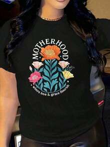 1 pieza de ropa de verano para mujer, camiseta casual de manga corta, tela suave y elástica, estampado floral vibrante y con la palabra "Motherhood", cuello redondo, cómoda para todas las estaciones, lavable a máquina, para atuendos casuales y regalo del Día de la Madre, camiseta con texto motivacional, material no transparente, conjuntos de verano sueltos y cómodos para mujer, camiseta gráfica, camisetas gráficas para mujer, tops de verano, camiseta de verano, camiseta casual, conjuntos de vacaciones para mujer, camiseta gráfica de diseño juvenil y a la moda, camisetas gráficas para mujer, tops de verano, camiseta casual, conjuntos de vacaciones para mujer, diseño juvenil y a la moda, 180g de algodón 100%. - Negro - Ver 1