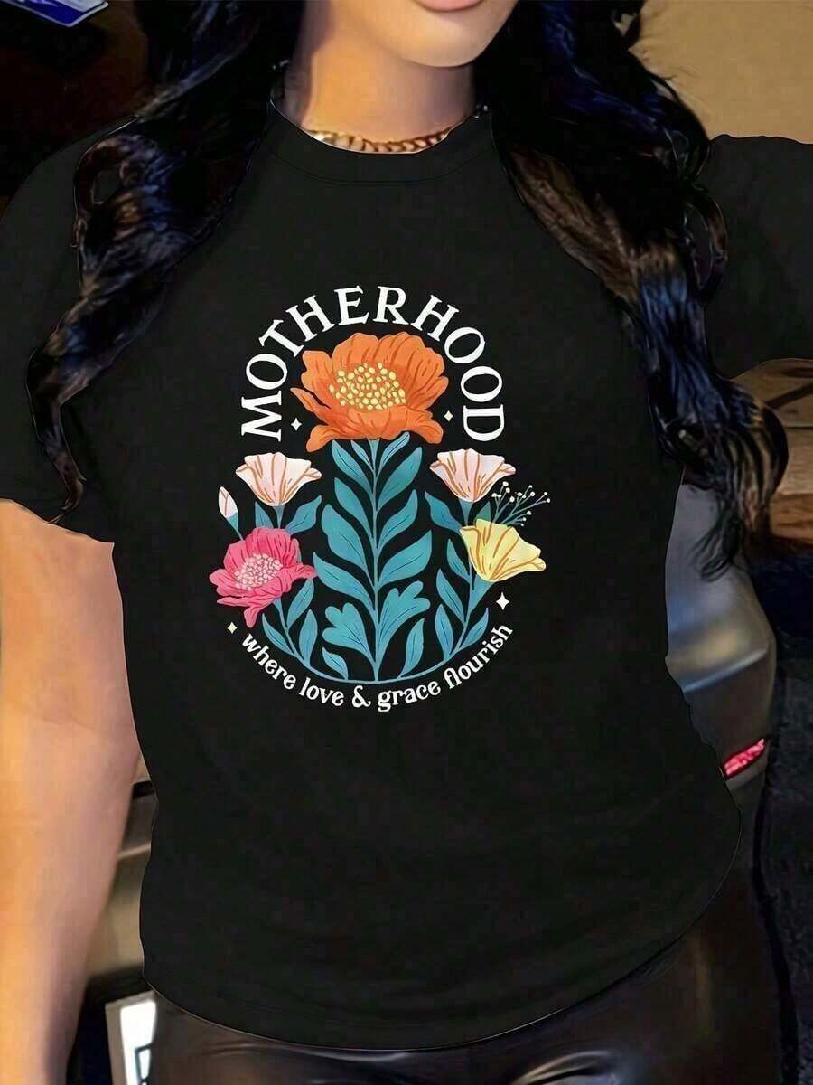 1 pieza de ropa de verano para mujer, camiseta casual de manga corta, tela suave y elástica, estampado floral vibrante y con la palabra "Motherhood", cuello redondo, cómoda para todas las estaciones, lavable a máquina, para atuendos casuales y regalo del Día de la Madre, camiseta con texto motivacional, material no transparente, conjuntos de verano sueltos y cómodos para mujer, camiseta gráfica, camisetas gráficas para mujer, tops de verano, camiseta de verano, camiseta casual, conjuntos de vacaciones para mujer, camiseta gráfica de diseño juvenil y a la moda, camisetas gráficas para mujer, tops de verano, camiseta casual, conjuntos de vacaciones para mujer, diseño juvenil y a la moda, 180g de algodón 100%. - Negro - Ver 1