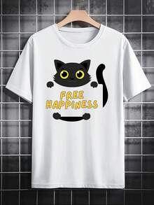 Camiseta moderna y minimalista para mujer con un lindo estampado de gato negro - Impresa con un adorable gato amarillo de ojos grandes y el llamativo texto amarillo "Libre y Feliz" - Estilo ligero y casual de manga corta, adecuada para el uso diario, una de las favoritas entre los amantes de los gatos, versátil para combinar con varios atuendos. - Blanco - Ver 7