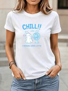 Soft Summer T-Shirt For Women With A Fun Rabbit Print, Perfect For Relaxing Outdoors. New Women's Summer T-Shirt, Casual And Comfortable, With A Round Neck. - 白色 - 查看 1