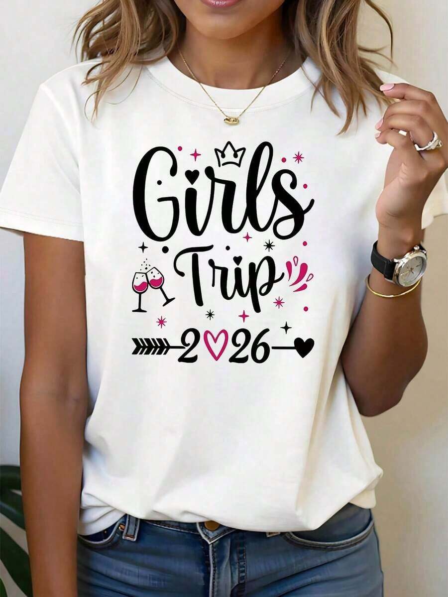 Women's T-Shirt 2026 - BFF Travel Group Set With Toast And Crown Slogan, Casual Short Sleeve Top For Spring And Summer Holidays, Matching Sets (Machine Washable) - 白色 - 查看 1
