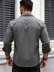 Men's Solid Color Military Style Casual Long Sleeve Button-Down Shirt, Slim Fit Design With Dual Pockets, Suitable For Outdoor & Daily Wear, Rugged Look - Dark Grey - View 3