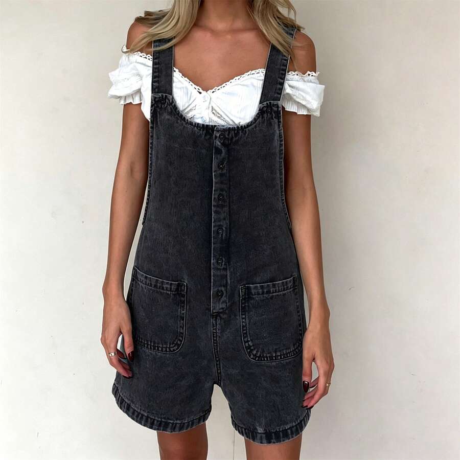 Denim Overalls Mini Dress For Women High Stretchy Adjustable Strap Jean Short Dress With Pockets, Solid Color/Camouflage/4th Of July USA Flag Print Sleeveless Suspender Dress - FZ13-Black - 查看 1
