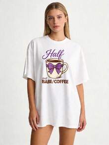 Camiseta básica de moda casual para mujer, de primera calidad, con cuello redondo, tallas S-2XL, 100% blanco puro, con estampado de patrón de café de media taza, adecuada para conjuntos familiares y de pareja, perfecta para usar en primavera y verano, un regalo ideal para madres, familiares y amigos cercanos en el Día de la Madre, ecológica. - Blanco - Ver 8