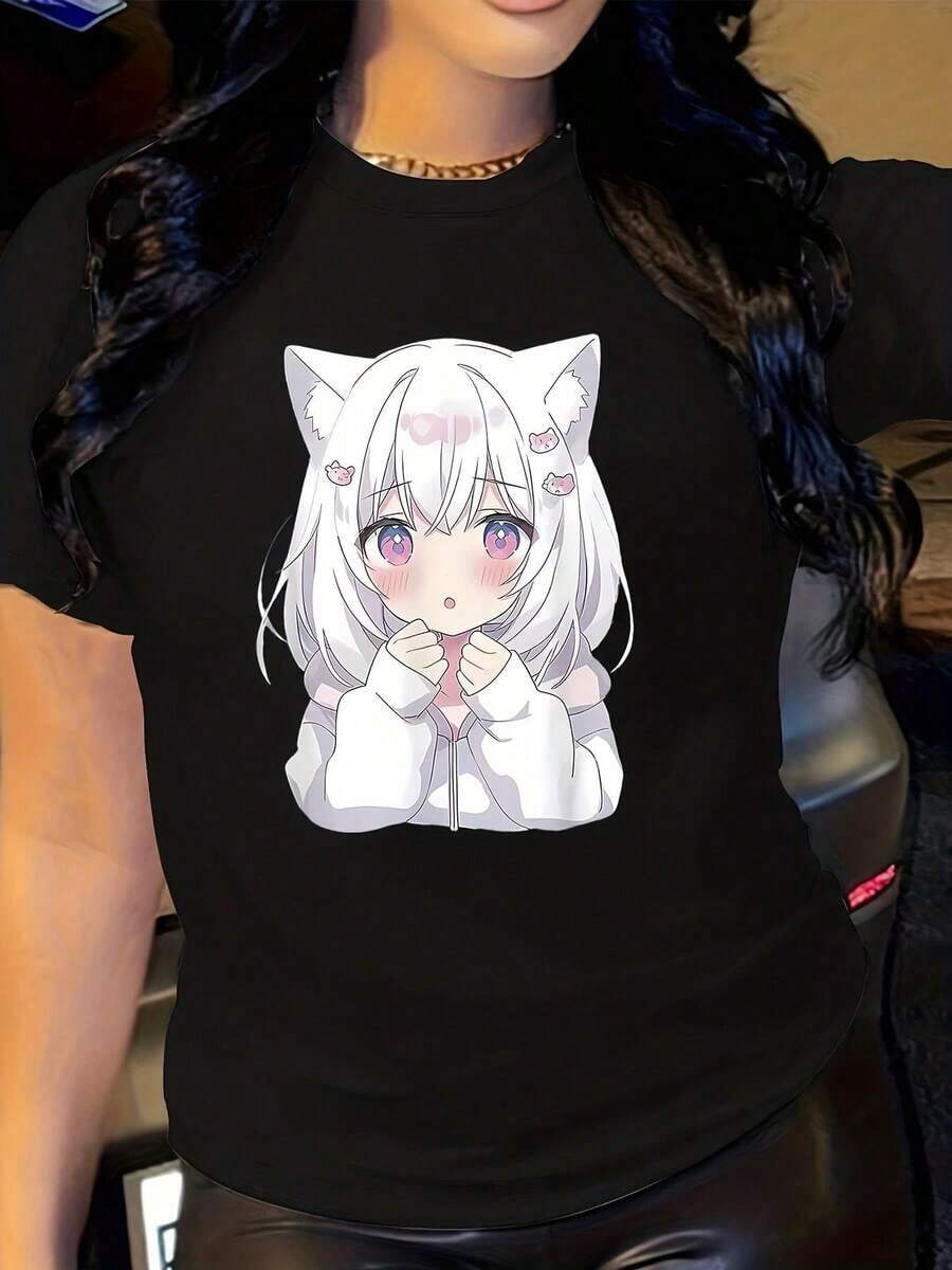 Women's Anime Print T-Shirt - Cute Kawaii White Hair Twin Tails & Cat Ears Design, Soft Round Neck Casual Tee For Cosplay, Themed Events & Casual Attire - All-Season Comfortable Stretchy Fabric (Machine Washable) - Perfect Gift For Anime Fans. Suitable As A Gift. Women's T-Shirt. Blouses > Elegant. Boho Chic. Soft, Breathable, And Comfortable Women's Top, Ideal For Spring, Summer, And Autumn, Perfect For Vacations, Travel, And Everyday Wear. - 黑色 - 查看 1