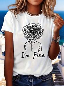 Camiseta con Estampado Humorístico de "Estoy Bien", Manga Corta, Cuello Redondo, Estilo Casual, Adecuada para Verano y Primavera, Ropa de Mujer - Blanco - Ver 2