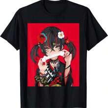 1 pieza Camiseta de manga corta con estampado de chica gato pastel de anime, cuello redondo, estilo casual, tallas grandes, ropa de estilo business casual, diseño de personaje lindo, inspiración Y2K, corte regular, adecuada para todas las estaciones, se puede lavar en secadora, 180g, 100% algodón. |   Diseño exquisito |   Suelto y cómodo |   Fácil de combinar | - Negro 13 - Ver 7