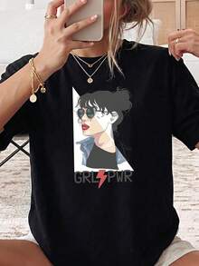 Women's T-Shirt Artistic Themed Women's T-Shirts, Stylish Graphic Tees, Perfect For Spring And Summer, Chic Casual Wear, Suitable For Family Outings, Office Parties, Gifts For Team Building Activities, American Pop Culture Art. - 黑色 - 查看 7