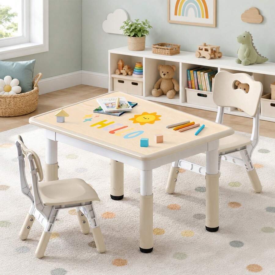 Kids Table And Chairs Set, Height-Adjustable Toddler Table And Chairs Set For Age 3-8, 31.5''Lx23.6''W Graffiti Desktop, Kids Activity Table For Daycare, Classroom, Home (Natural, 2 Chairs) - 天然木色 - 查看 1
